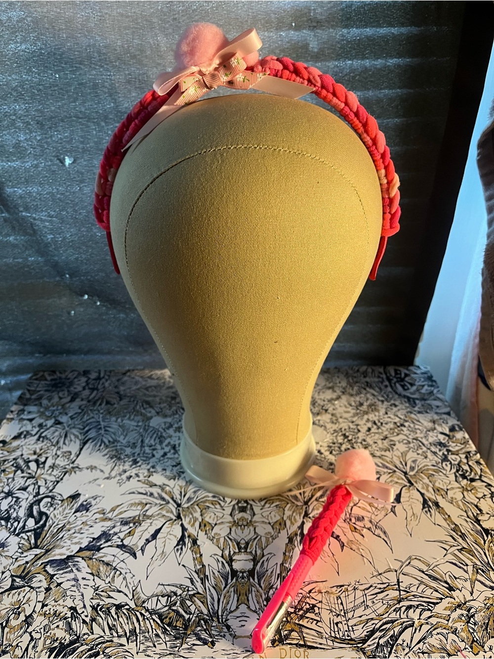 Pink Braided Headband with Bow Accent Pom Pom Pen Set